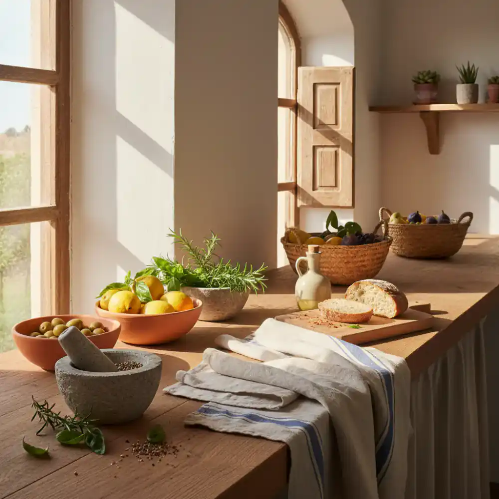 Superficie de cocina de madera bañada por el sol con productos naturales y paños de lino