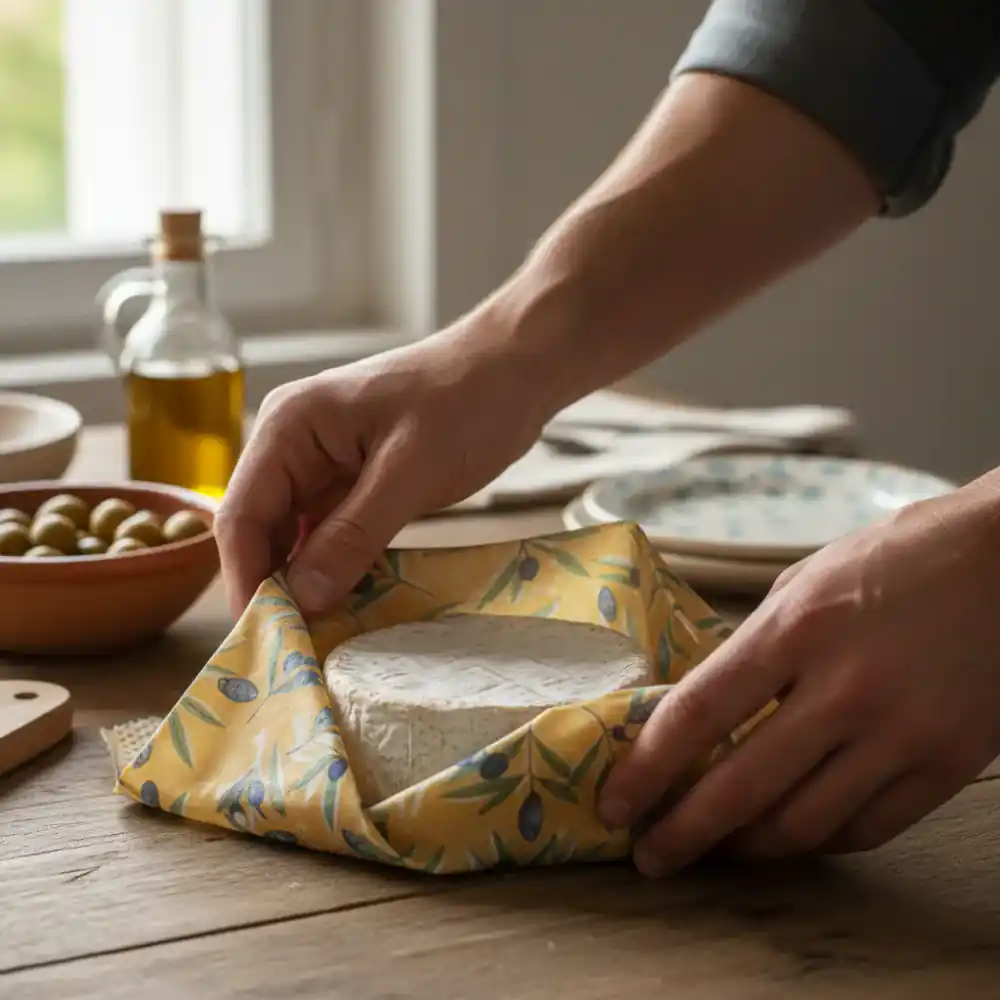 Manos envolviendo un alimento con tela de cera de abeja