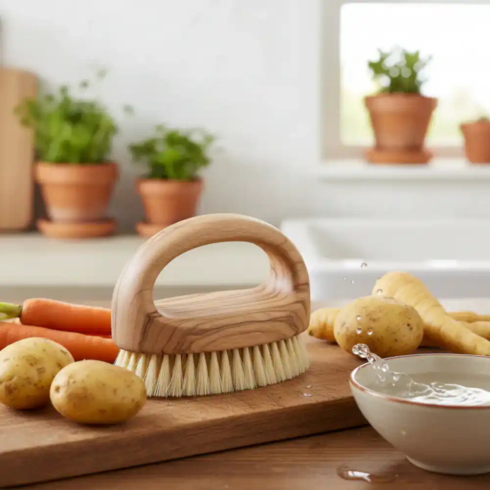 Cepillo ovalado de fibras suaves para limpiar verduras