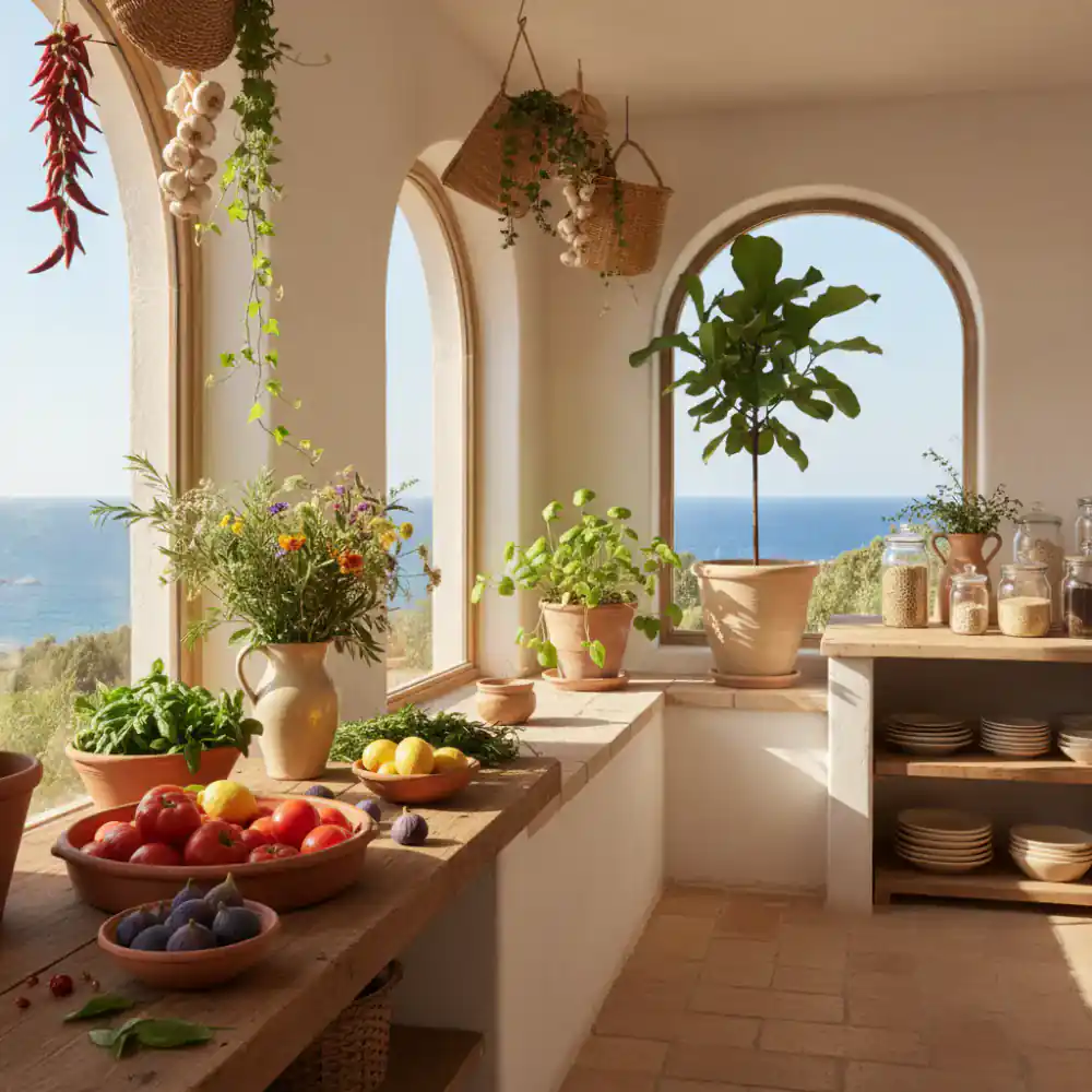Cocina iluminada por el sol con productos naturales y plantas