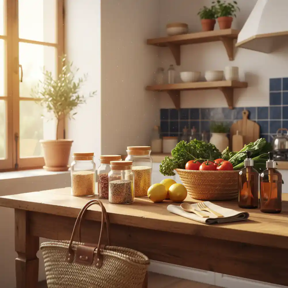 Productos ecológicos sobre una mesa de madera iluminada por el sol en una cocina luminosa