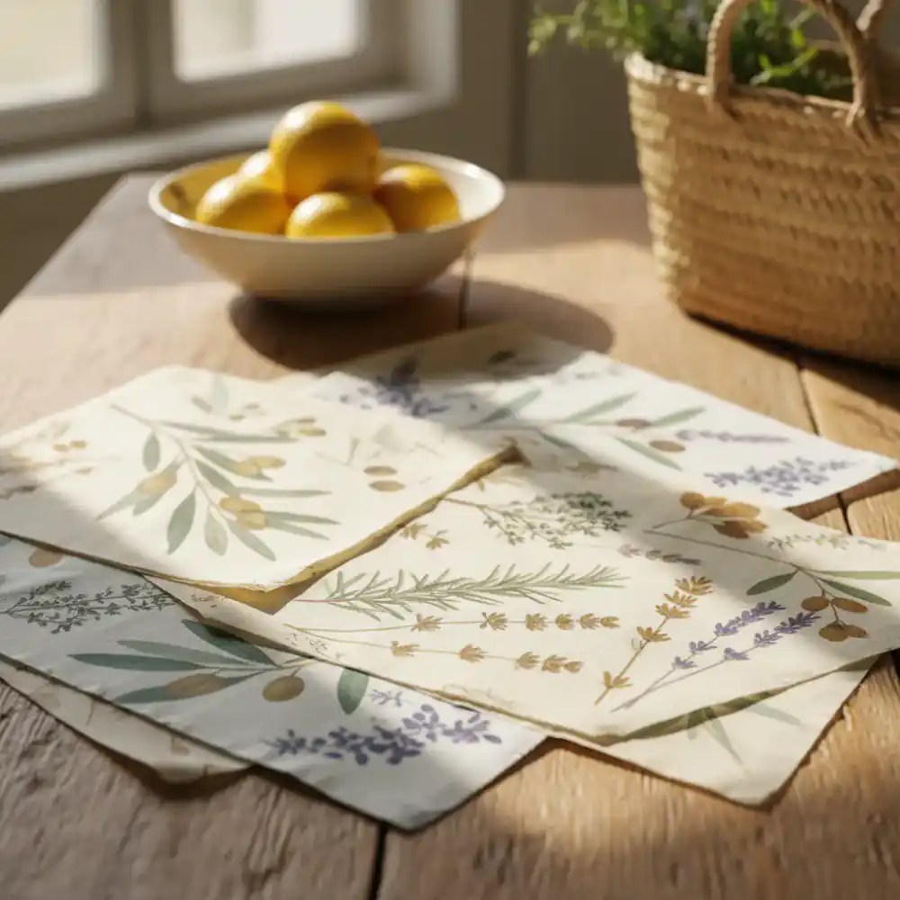 Envoltorios de cera de abeja con estampado botánico